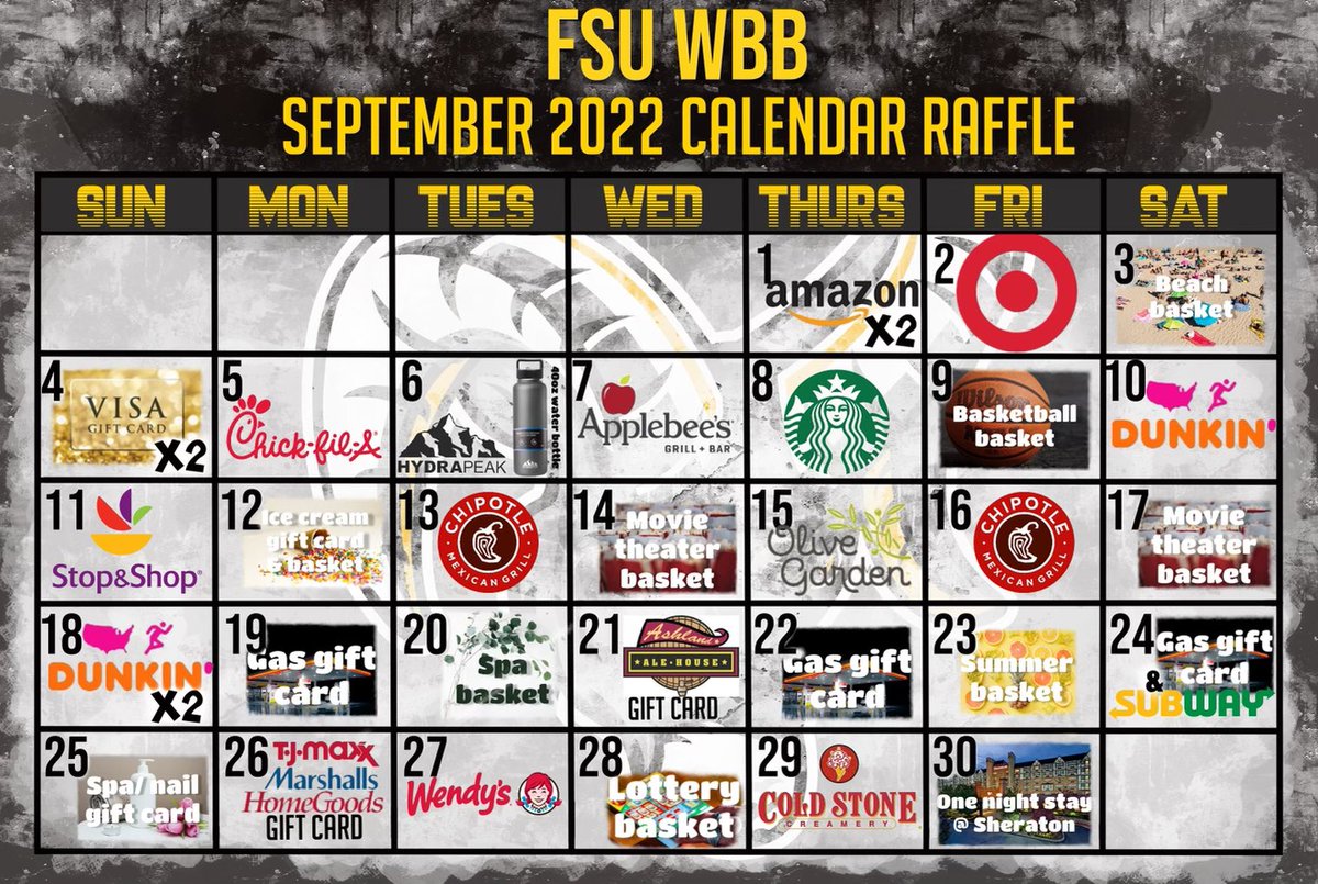 FSUWBB SEPTEMBER 2022 CALENDAR RAFFLE 🎟

We will be picking a winner every day of September, and days marked with “x2” we’ll be picking two winners☺️ all prizes are gift cards unless otherwise noted. Link in bio to purchase your tickets. Reach out w any questions! #fRAMily🏀🐏