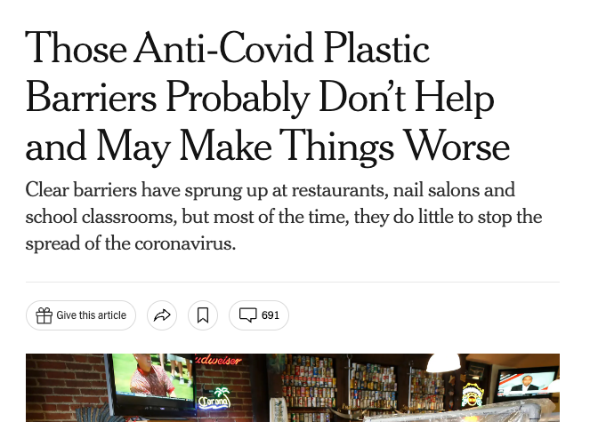 justin_hart's tweet photo. Never forget. 84% of retail grocers installed plexiglass  on the advice of the @CDCgov. In early 2021, they dropped that recommendation and failed to note how much of a FAILED policy it was. Hundreds of millions of dollars spent - "may have made things worse" - NYTimes https://t.co/U8cKJzvtNe
