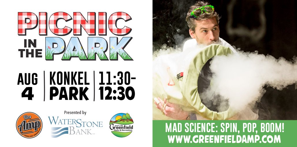 gfwiparksrec's tweet photo. The next Picnic in the Park presented by WaterStone Bank is on Thursday, August 4th at 11:30 AM, featuring Mad Science Spin, Pop, Boom! Show. Bring lunch, chairs, and blankets. No dogs allowed. For more information on all our events, visit https://t.co/35nMbkYA2z. https://t.co/wAj1vbpfMz