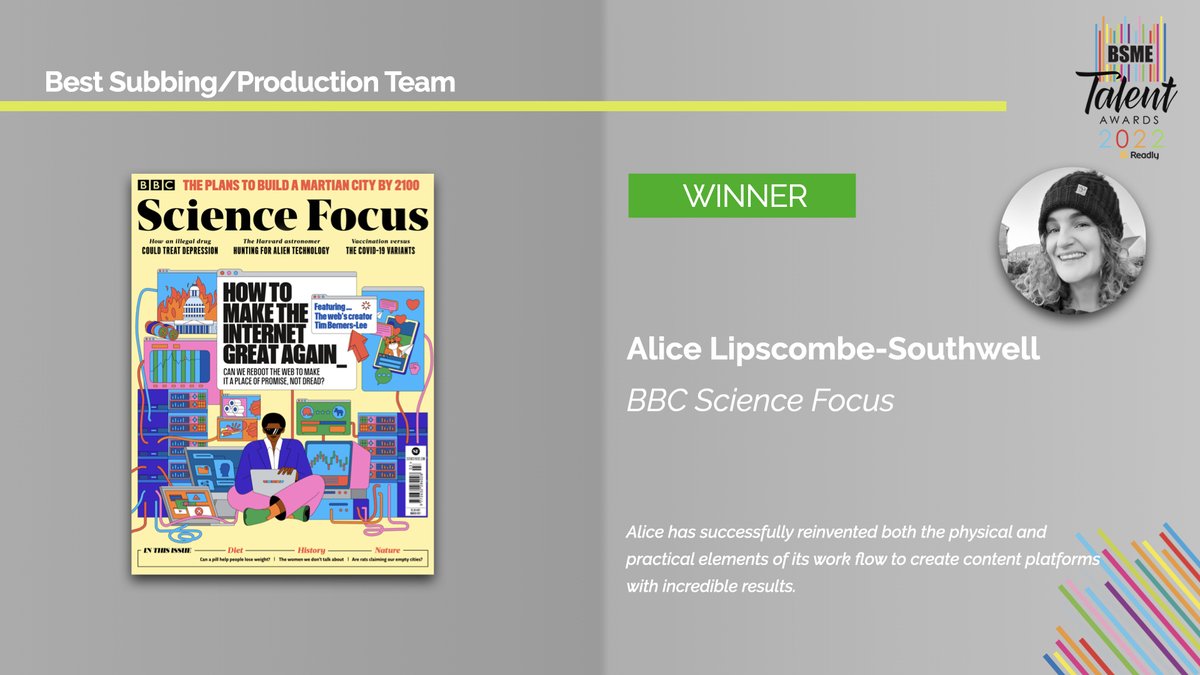 A huge congratulations to our first winner of the night at the #BSMETalentAwards2022 is @mantis_shrimp, <a href="/sciencefocus/">BBC Science Focus Magazine</a>, for Best Subbing/Production Team.
#BSMEta22 #journalism #magazineawards #newtalent #BSMETalentAwards2022
