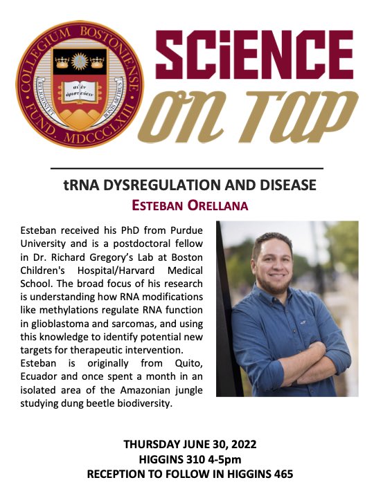 science_tap's tweet photo. We are excited to welcome Dr. Esteban Orellana to speak this Thursday! @eorellanav will discuss his research on RNA modifications and disease. https://t.co/T6TFFoVcd1