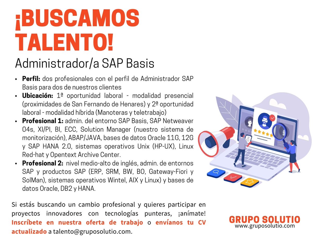 Grupo_Solutio's tweet image. Buscamos para trabajar con nosotros en dos de nuestros clientes (presencial e híbrido), a 2 profesionales con el perfil de #AdministradorSAPBasis.

➡ Aplica aquí: bit.ly/3OvkNs0
➡ Envíanos tu CV a talento@gruposolutio.com 

#SolutioTalent #SAPBasisAdmin #SAP #SAPBasis