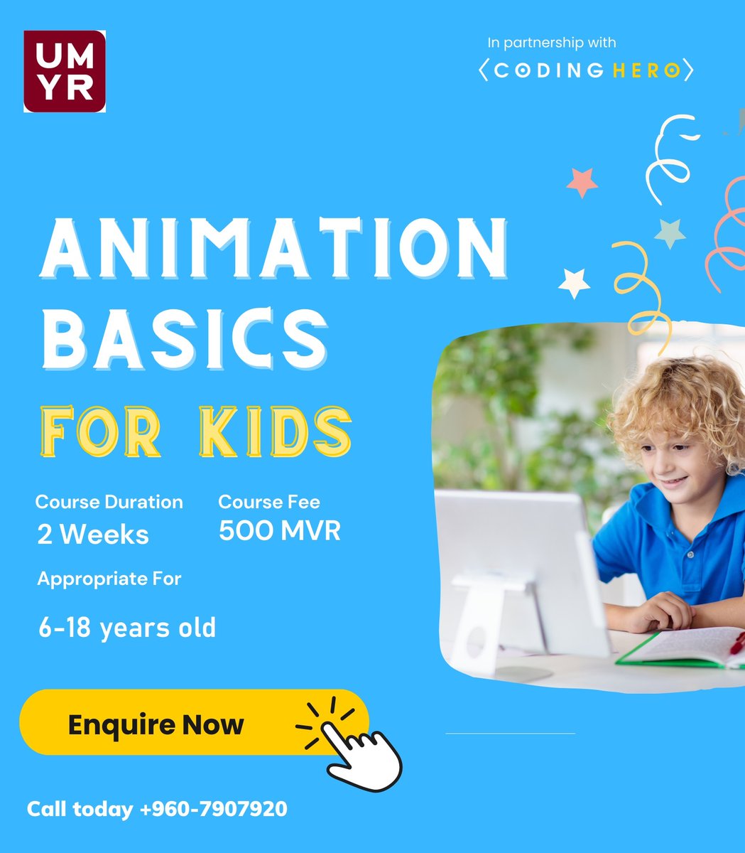 UMYRInstitute's tweet image. Kids spend lot of time online. This holiday dedicate an hour from that to learn a new skill by joining UMYR Creative Kids- Holiday Program. Apply Now! docs.google.com/forms/d/e/1FAI… #Tech4Future #Maldives