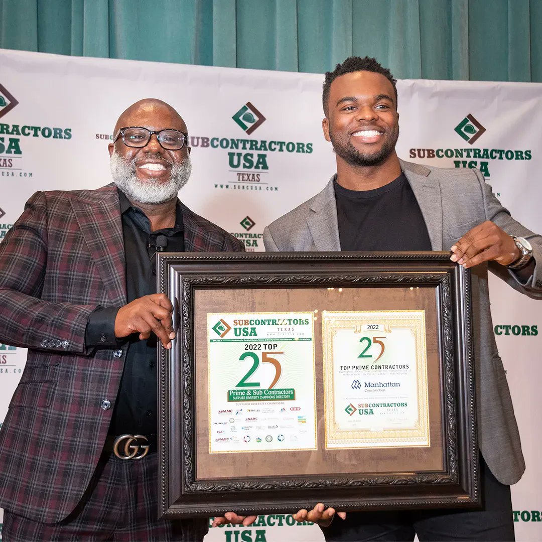 ManhattanBuild's tweet image. Manhattan’s Houston &amp;amp;North Texas offices are honored to have received the 2022 Top Prime Contractor &amp;amp; Supplier Diversity Award last week from @subcusa_com. We love what we do and couldn’t be prouder to receive it! Thanks to Jacob-Paul Tatum for accepting the honor on our behalf.