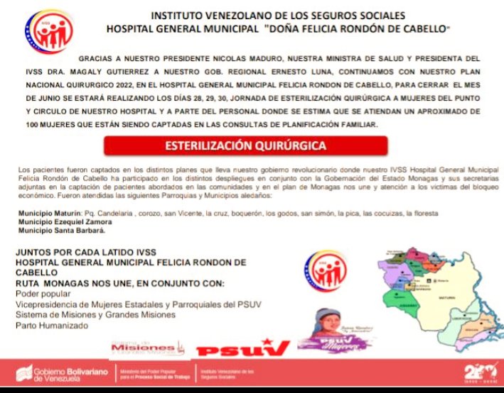 FeliciaIvss's tweet photo. #28 Dando continuidad al Plan Nacional Quirúrgico @FeliciaIvss estaremos realizando los días 28, 29y30 Jornada de Esterilización Quirúrgica Gracias a Nuestro Pdte @NicolasMaduro Ministra de Salud y Pdta IVSS @MagaGutierrezV  Gob @ErnestoLunaPsuv @GobMonagas_ #JuntosPorCadaLatido https://t.co/P1VilT7Lwr