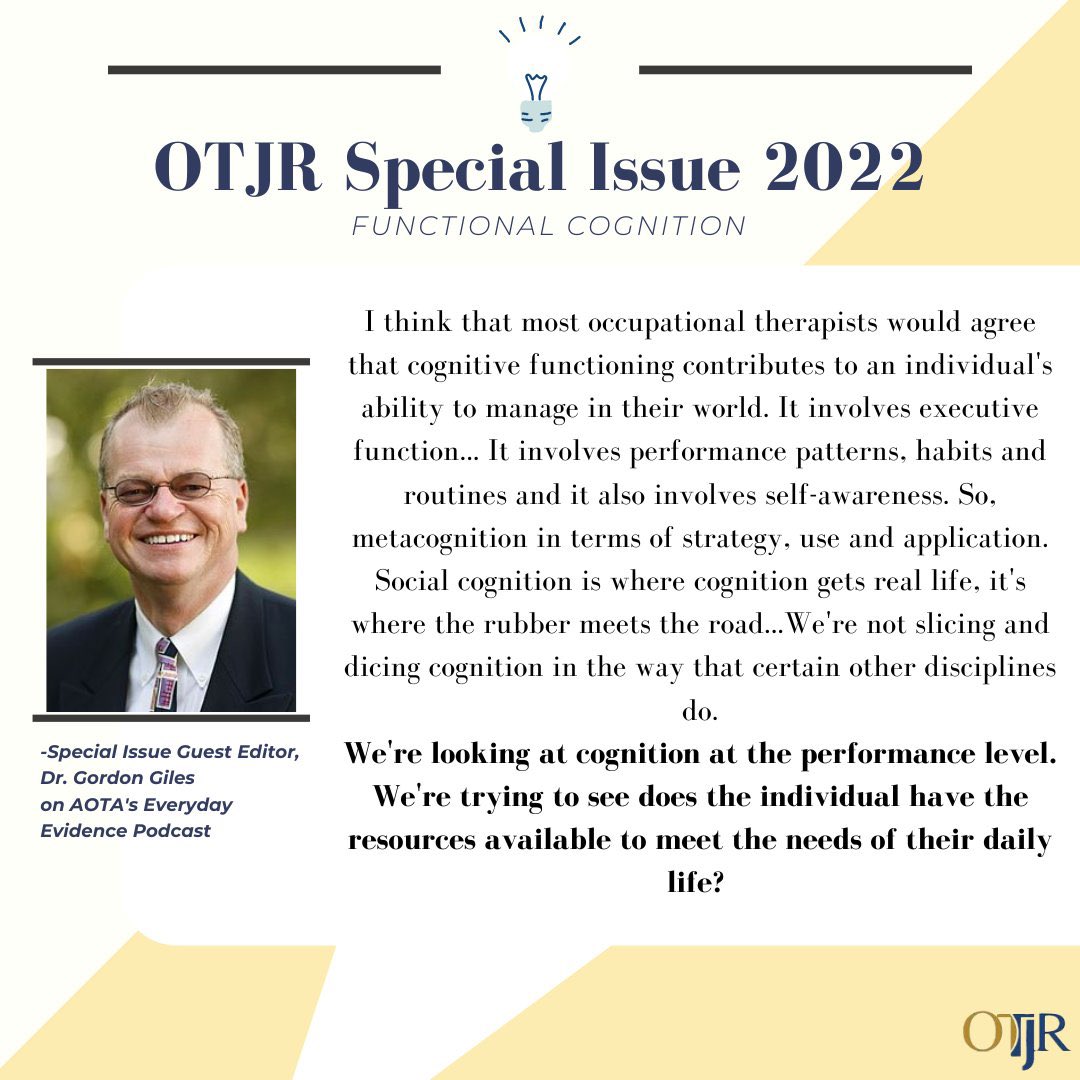 OTJRJournal's tweet photo. Dr. Gordan Giles recently spoke on #funcog on @AOTAInc #EverydayEvidence Podcast
Dr. Giles & Dr. Dorothy Edwards are both working with #OTJR to publish an issue focused on #functionalcognition slated to publish later this year!
Listen here https://t.co/qDU5iaNz0c https://t.co/GJ4NO0G8bp
