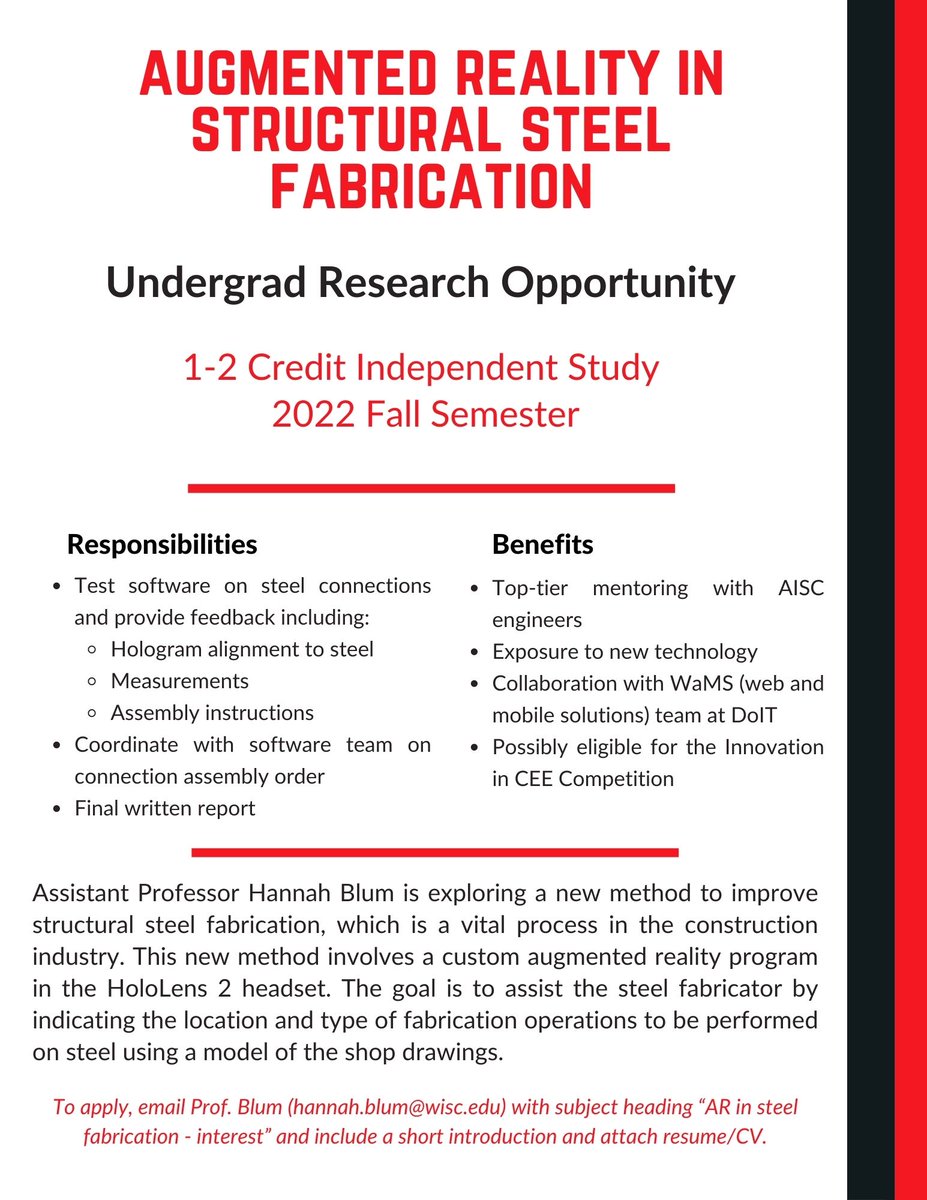 I'm looking for an undergraduate research student to help with the Augmented Reality in Structural Steel Fabrication project for this fall semester. Please contact me if you're interested. <a href="/UWMadisonCEE/">UWMadisonCEE</a>