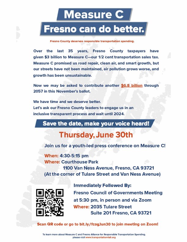 LCJandA's tweet image. Where do you want to see $6.8 billion in transportation funding go in @FresnoCountyCA? Make your voice heard this Thursday, June 30, at the @FresnoCOG meeting at 5:30 PM and join our youth-led community rally at 4:30 PM. See you there! #Transportation4All