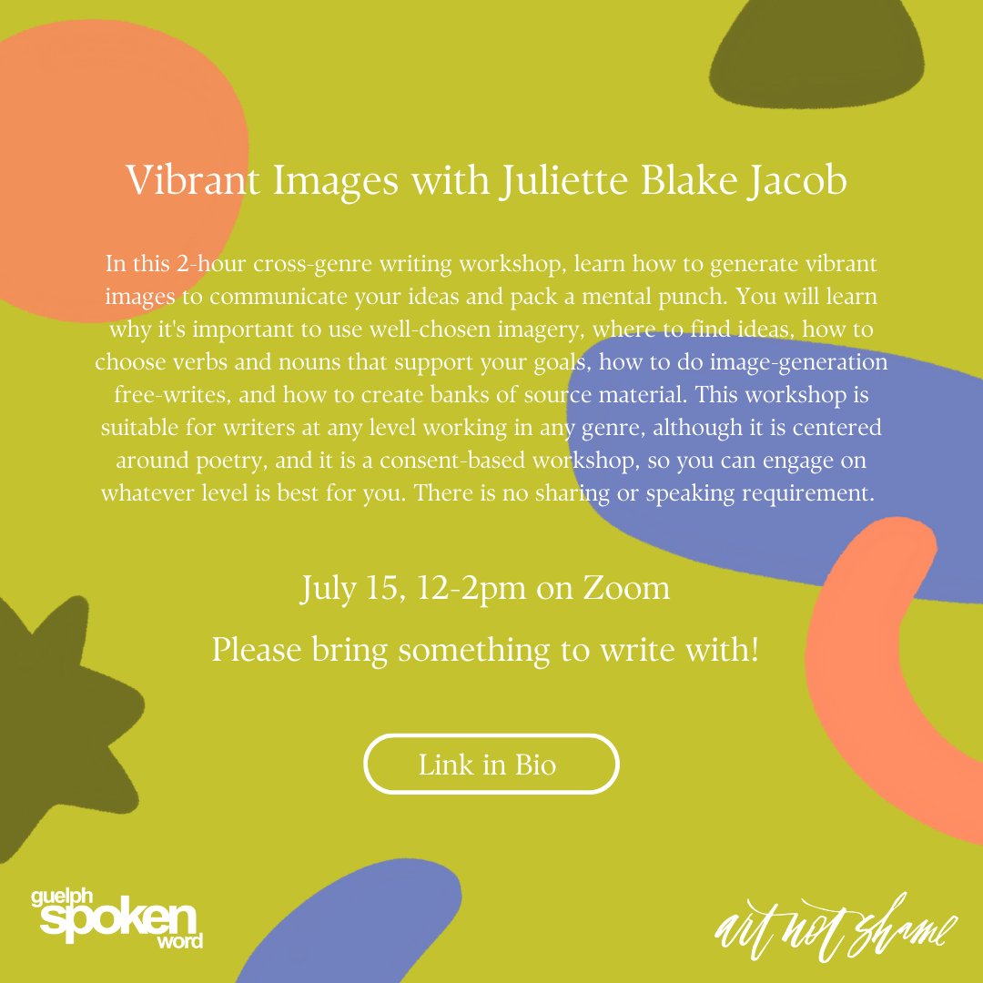 Art Not Shame (@artnotshame) on Twitter photo Join Juliette Blake Jacob for Vibrant Images Creative Writing Workshop!
Register here: eventbrite.ca/e/372898638867 Join Juliette Blake Jacob for Vibrant Images Creative Writing Workshop!
Register here: eventbrite.ca/e/372898638867