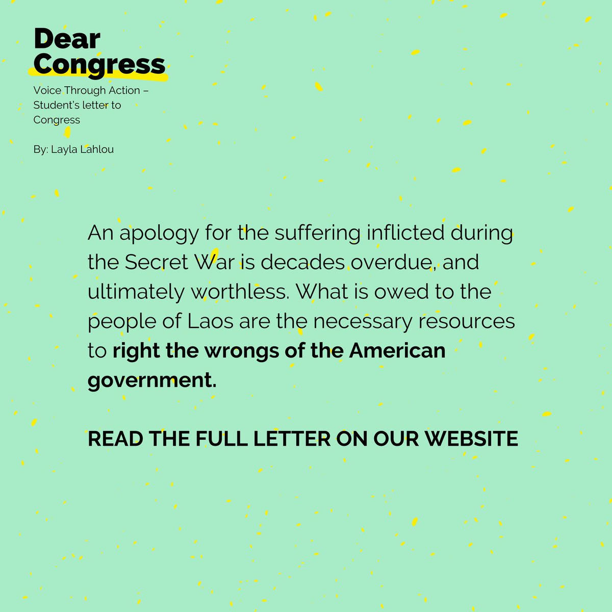 Read this moving letter from one of Legacies' youngest volunteers, Layla! Addressed to #Congress, Layla’s letter succeeds in capturing the gravity of the situation in #Laos and effectively argues for more funding from the U.S. Read the full letter: legaciesofwar.org/voice-through-…