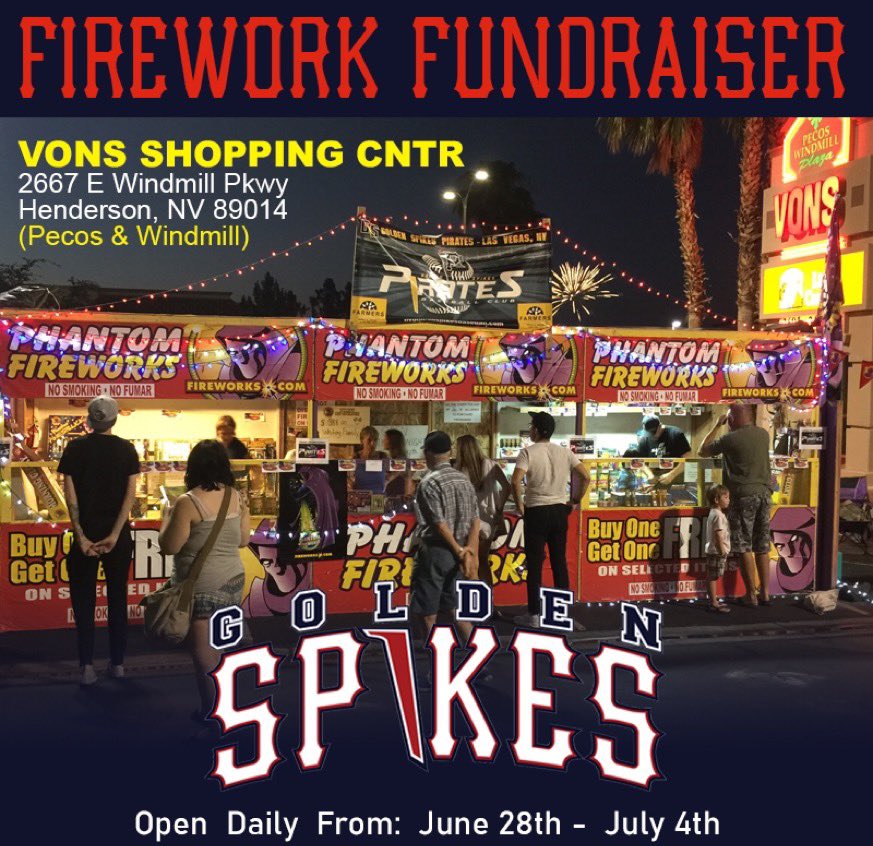 NVGoldenSpikes's tweet photo. Come out, buy some fireworks &amp; help our 13U team fundraise for the upcoming 22-23 Season! 🎇🧨
Vons Shopping Center
2667 E. Windmill Pkwy, Henderson, NV (Pecos and Windmill) @phantomphorum https://t.co/xaQGR7pRjx