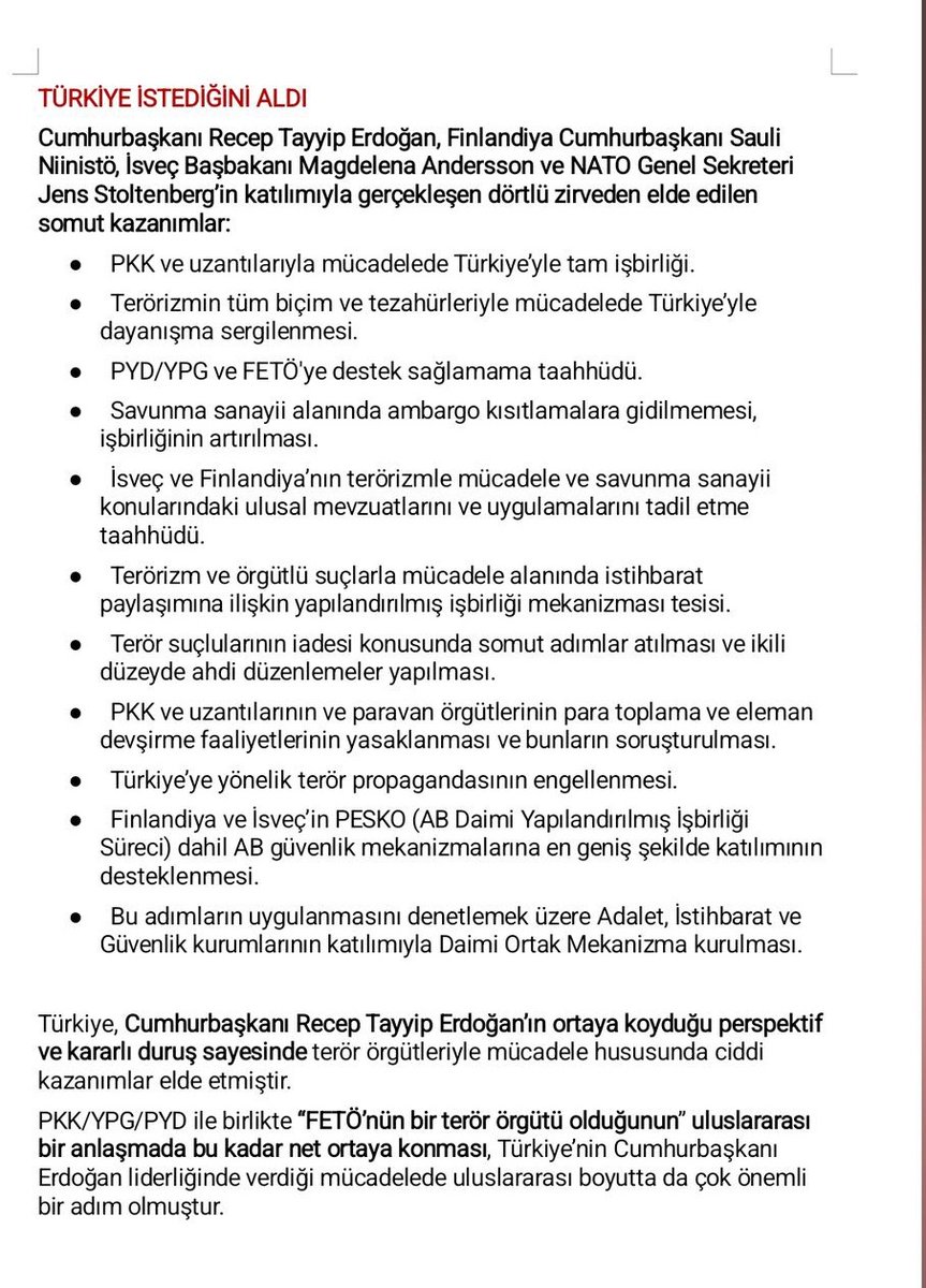 🔴#SONDAKİKA/#MadridNATO22
#Türkiye’nin, #İsveç ve #Finlandiya’nın #NATO üyeliğini desteklemesi karşısındaki kazanımları: