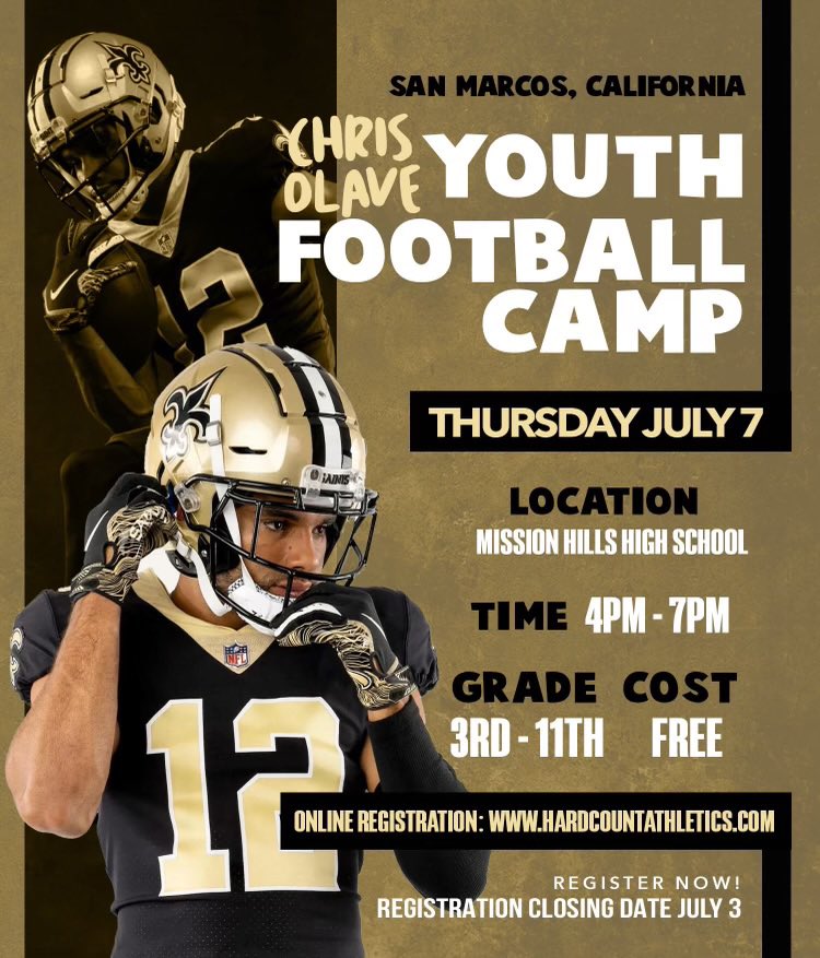 Excited to work with <a href="/HardCountAthltx/">Hard Count Athletics</a> and bring <a href="/chrisolave_/">Chris Olave</a> back to Mission Hills High School! Registration is open and it’s FREE! Sponsored by Chris Olave <a href="/MISSIONHILLSHI1/">Mission Hills High School Football</a> <a href="/MHHS_Counseling/">MHHS_Counseling</a> <a href="/BStoneKUSI/">Brandon Stone</a> <a href="/MHHSASB/">Mission Hills ASB</a> <a href="/SanMarcosUSD/">San Marcos USD</a>