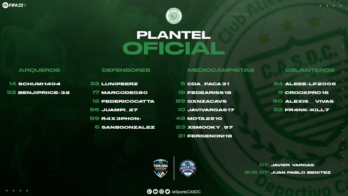 🚛 ¡PRESENTACIÓN! 🟢⚪🟢

Presentamos el plantel oficial de <a href="/casdcamioneros/">Club Camioneros</a> en esta Temporada N°20 de <a href="/IESAFIFAar/">IESA Argentina</a> <a href="/IESALatam/">IESA Latam</a> 

Esta Temporada también vamos a estar participando en @VpgArgentina en 1° Division con ambos equipos.
#CamionerosGaming
#CamionerosESPORTS

#PS4 #FIFA22