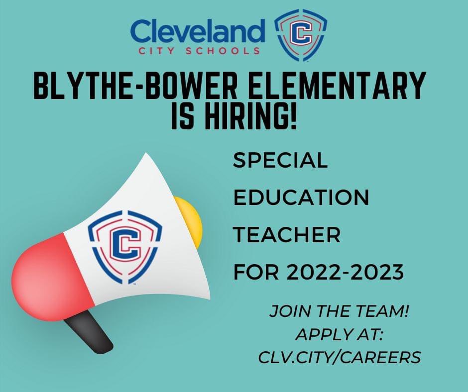 Blythe-Bower Elementary is hiring a Special Education Teacher for the upcoming school year. Apply online today at clv.city/careers.