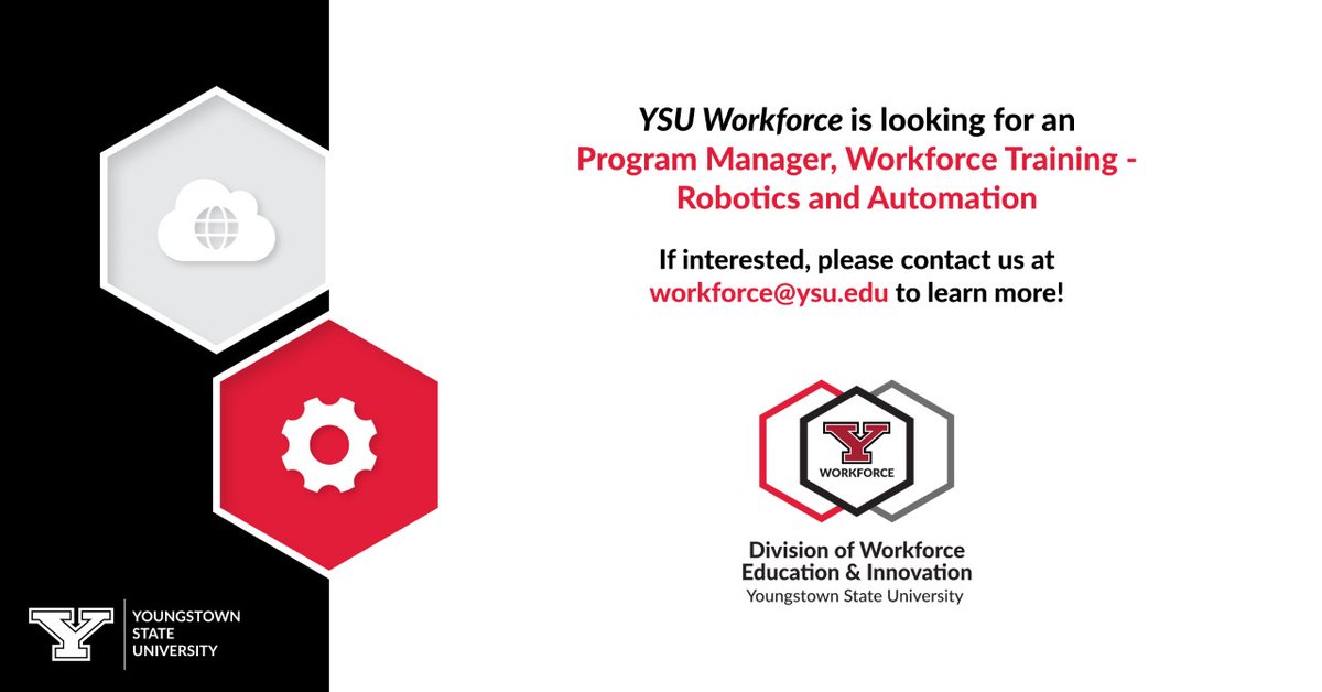 YSU_Workforce's tweet photo. YSU Workforce is now hiring a program manager in workforce training for robotics and automation!

APPLY NOW AT: https://t.co/MUAeAkcARe https://t.co/O2DpflWo59