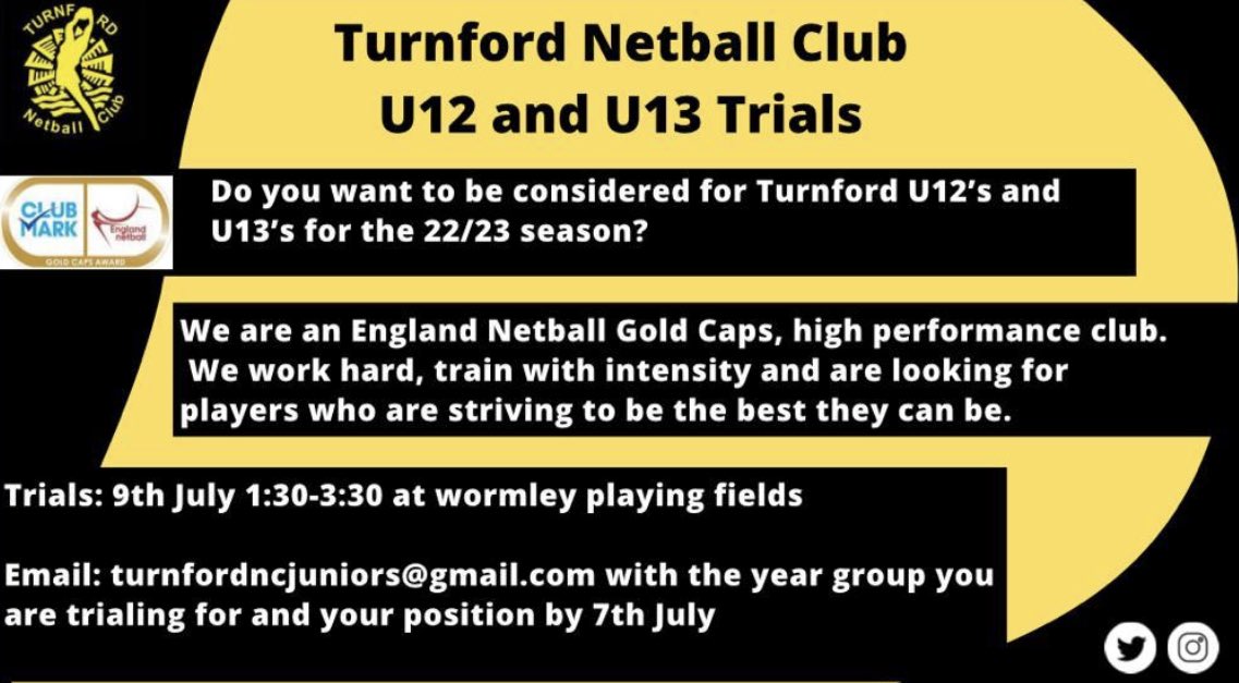 Are you interested in joining our U12 or U13 squads next season? We would love to hear from you! #blackandyellowfamily ⁦<a href="/NetballinHerts/">Hertfordshire Netball</a>⁩