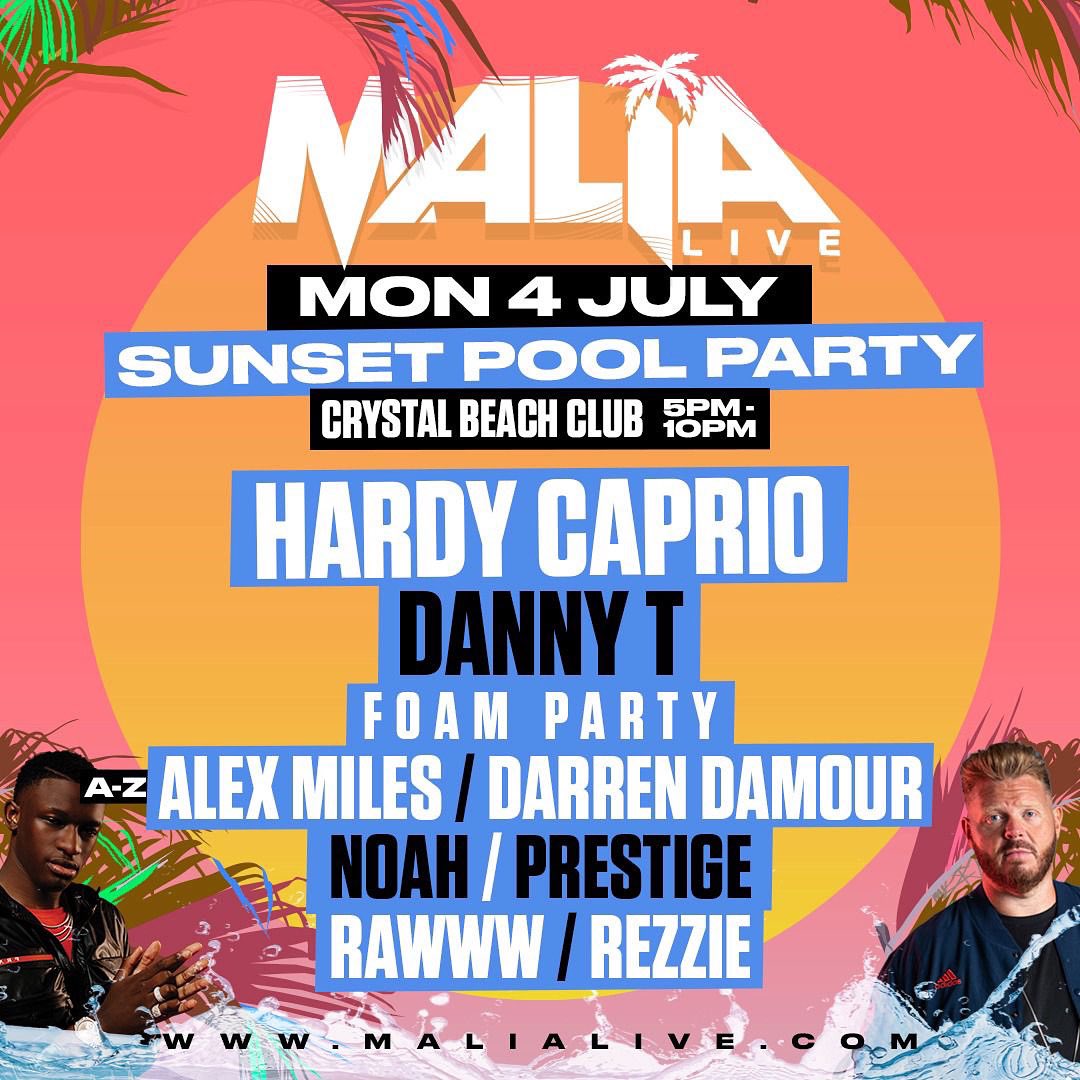 📣📣 Introducing the Malia Live Sunset Pool Party 🤩🌅 MONDAY 4th JULY in Crystal Beach Club get ready to party 5:00-10:00pm with <a href="/HardyCaprio/">Hardy Caprio</a> <a href="/ItsDannyTDJ/">ItsDannyTDJ.eth</a> + more 

Book tickets online NOW! (link in bio) 🎫
<a href="/MaliaLive/">Malia 2024</a> #malialive