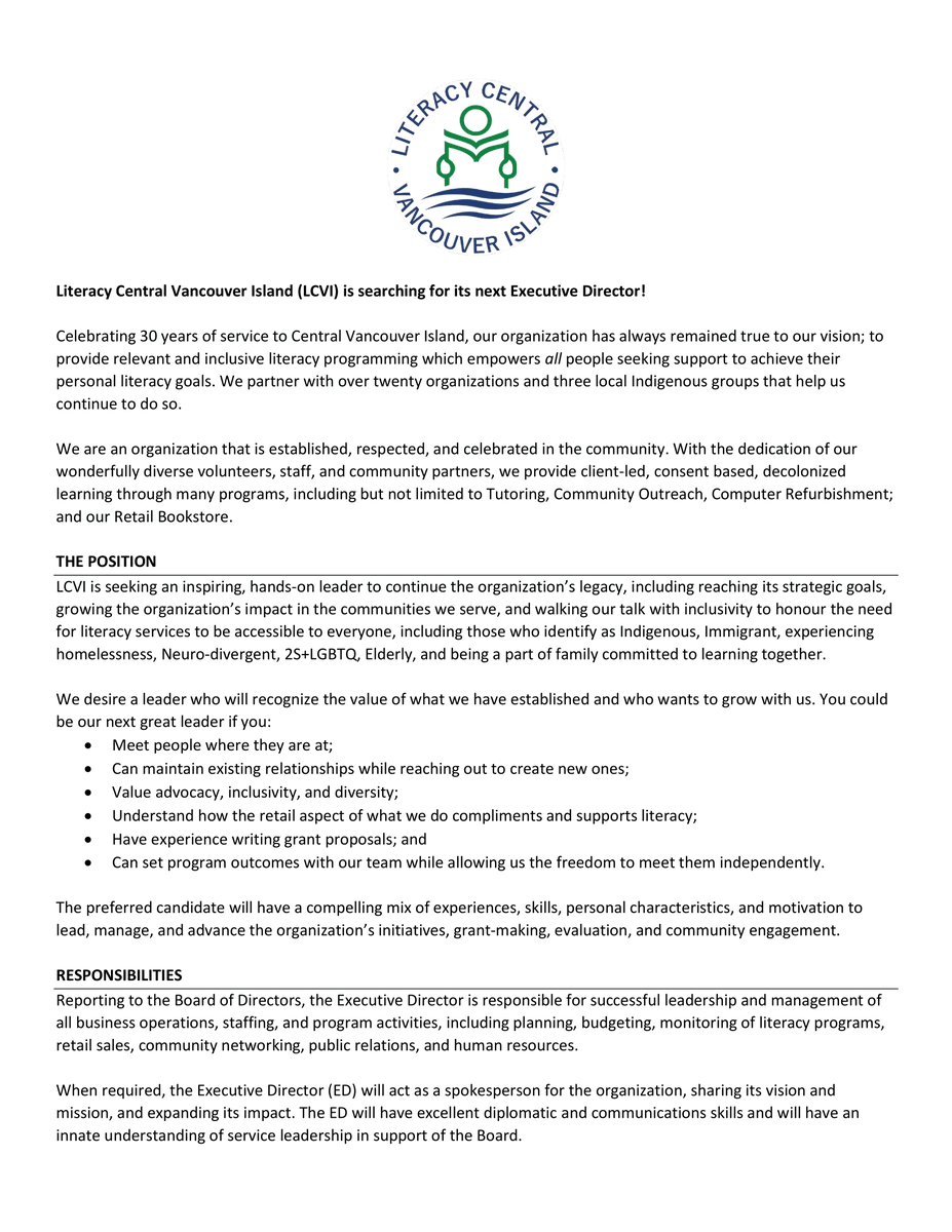 LitCentralVI's tweet photo. Literacy Central Vancouver Island (LCVI) is searching for our next Executive Director! https://t.co/lLe90bEQRp