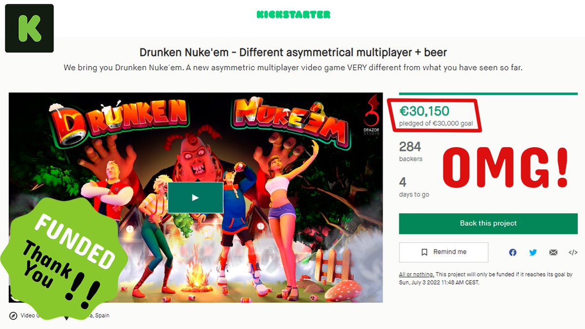 There are still a few days left but... We did it!😍

It has been difficult, but we have reached the minimum goal to make #DrunkenNukeem possible!🍺

All our sincere thanks to the backers🙏
You will have more info very very soon !!

#kickstarter:
kickstarter.com/projects/drazo…