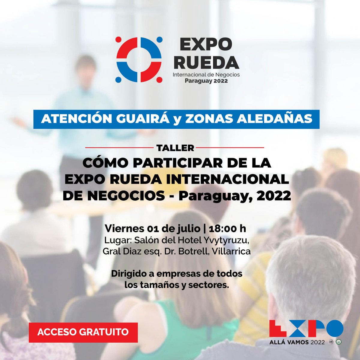 Exporuedapy's tweet photo. ⚠ Gran oportunidad para saber cómo participar del evento comercial más importante del país, de forma completamente GRATUITA
🙌 Participá de este taller y entérate de todos los detalles.
📍 Viernes, 1 de julio
🧑💻 Inscribite en: https://t.co/0O3kGgidkE
#TeConectamosalMundo https://t.co/obEpGEoNkw
