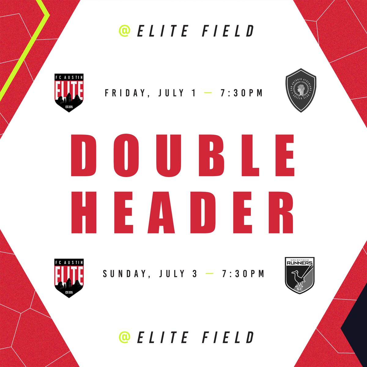 FC Austin Elite (@fcaustinelite) on Twitter photo DOUBLE HEADER WEEKEND
We have a busy week at #EliteField as we host 2 games! Friday, #QuesoBowl rivals (<a href="/SA_Athenians/">San Antonio Athenians SC</a>) come to town before #NKOTB (<a href="/sarunnerssc/">San Antonio Runners</a>) join us on Sunday. Mark the calendars, invite the friends, you want to see these games!
🎟️ app.gopassage.com/venues/3559?re… DOUBLE HEADER WEEKEND
We have a busy week at #EliteField as we host 2 games! Friday, #QuesoBowl rivals (<a href="/SA_Athenians/">San Antonio Athenians SC</a>) come to town before #NKOTB (<a href="/sarunnerssc/">San Antonio Runners</a>) join us on Sunday. Mark the calendars, invite the friends, you want to see these games!
🎟️ app.gopassage.com/venues/3559?re…