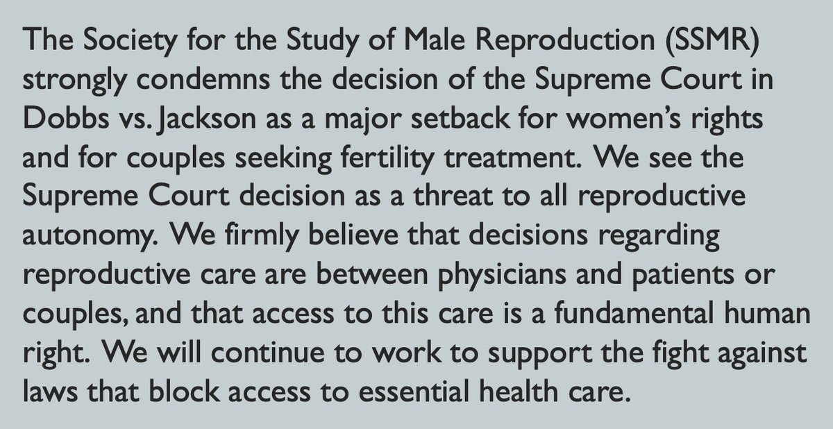 Society for the Study of Male Reproduction (@ssmr_malefactor) on Twitter photo We oppose the decision of the Supreme Court in Dobbs vs. Jackson and see this as a major setback for women’s rights, for couples seeking #fertility treatments & for reproductive autonomy. #RoeVWade #RoeVsWade <a href="/AmerUrological/">Amer. Urol. Assn.</a> @ReprodMed #womensrights #womenshealth We oppose the decision of the Supreme Court in Dobbs vs. Jackson and see this as a major setback for women’s rights, for couples seeking #fertility treatments & for reproductive autonomy. #RoeVWade #RoeVsWade <a href="/AmerUrological/">Amer. Urol. Assn.</a> @ReprodMed #womensrights #womenshealth