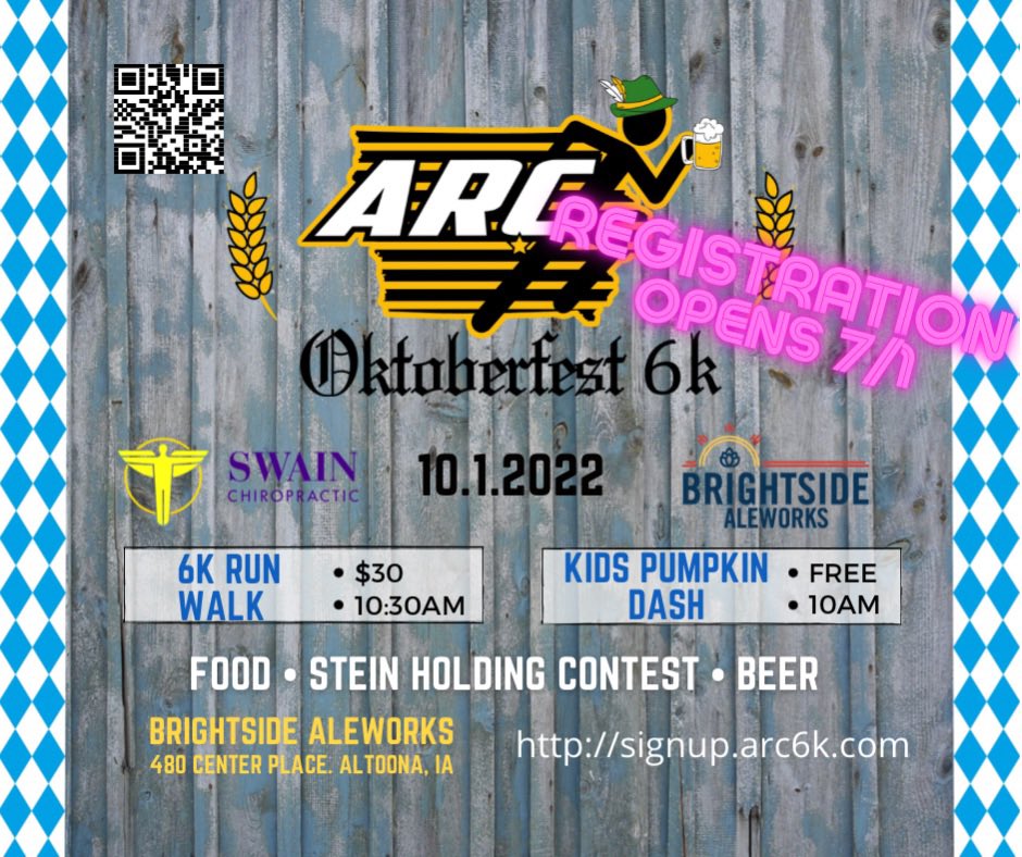 Registration opens 7/1 for the ARC Oktoberfest 6k! We are excited to be back for a 2nd year. signup.ARC6k.com - early registration is only $25.