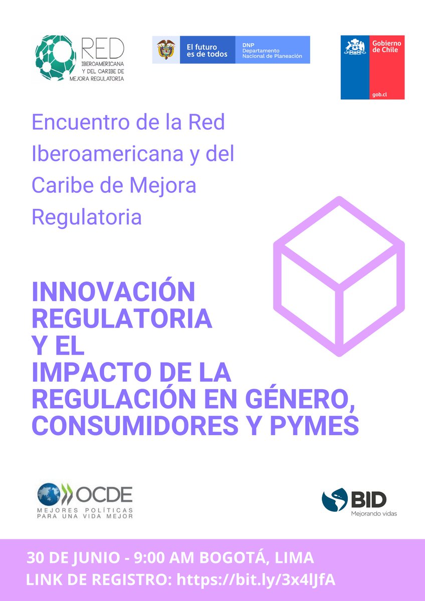 🚀Nuevo Encuentro Virtual de la Red Iberoamericana y del Caribe de #MejoraRegulatoria
  
Conoce estrategias de innovación regulatoria y el impacto de la regulación en el continente.
 
🗓30 de junio 
🕙 9 a 11 am (hora Col)
📍Vía Zoom  
Inscripciones 👉 bit.ly/3x4lJfA