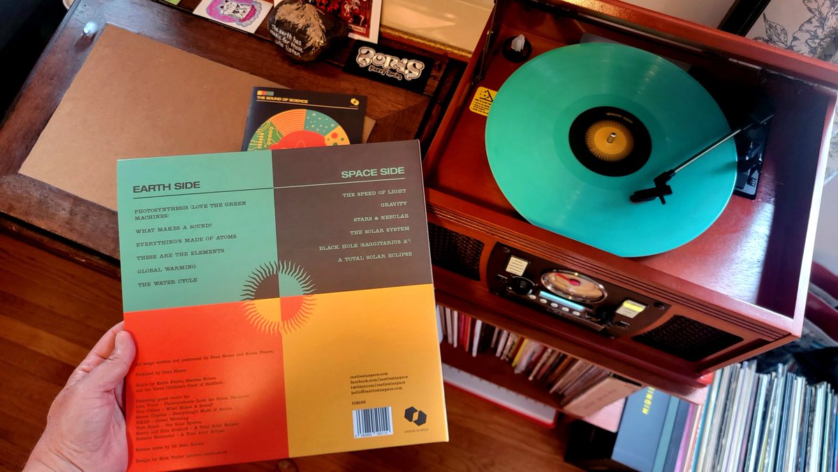 mattyreedbaker's tweet photo. Now spinning at my house, learning fun with my curious son:
#TheSoundOfScience, on minty-ice vinyl, a new electronic album from the @CastlesInSpace label. With an Earth Side & Space Side, these smart tunes cover a wide range of subjects from photosynthesis to black holes...(1/3) https://t.co/3duqTE7UNR