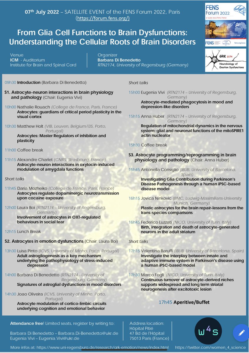 dibenedetto_lab's tweet photo. Next week at @FENSorg, Paris our Satellite Event (SE3) on #astrocytes #braindisorder #depression #stemcells 

Few spots left to attend this event (attendance FREE, registration due)

@grk2174 @LauraBoi_ @EugeniaVivi28 twitterless Anna Huber @dfg_public /1 https://t.co/IcMxKVkBWh