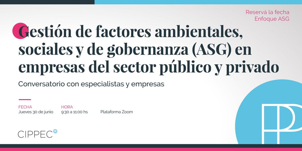 Este jueves desde las 9:30 (ARG), te invitamos a sumarte al conversatorio sobre "Gestión de factores ambientales, sociales y de gobernanza en empresas del sector público y privado".

👉 Conocé la agenda acá: cippec.org/cursos/gestion…
📌 Inscripción previa: forms.office.com/r/14DZF9JjPB