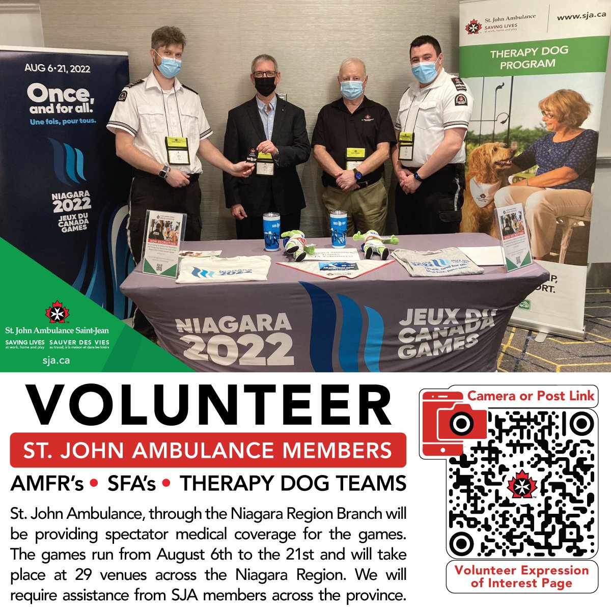 <a href="/SJAOntario/">St.John Ambulance ON</a> volunteers - AMFR/SFA - we're looking for you 👀 August 6-21 is the 2022 Niagara Summer Games   and we need your help! Need help getting down here? 🚌 We'll figure something out. Need a place to stay? 🛌 We got you covered. Contact us, soon!