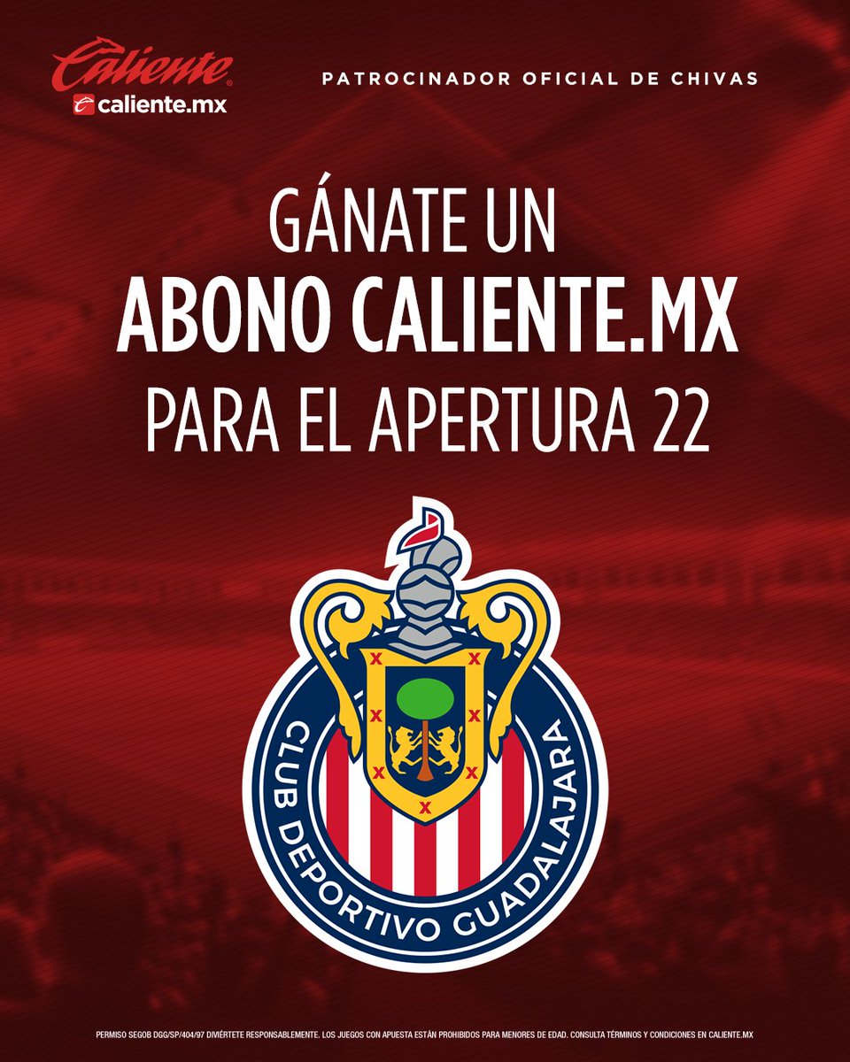 🚨Caliente.mx te lleva al ESTADIO🚨
 
Gana un ABONO DOBLE para nuestros juegos de local, incluye Fase Final 🔥🐐
 
Haz lo siguiente 👇
1️⃣Sigue a <a href="/calientesports/">Caliente Sports</a> y <a href="/Chivas/">CHIVAS</a> 📲
2️⃣Dale 🔁 y ❤️
3️⃣Comenta los Hashtags #MeXIcanos y #MásAcciónMásDiversión 🔥
 
¡VAN! 😏
