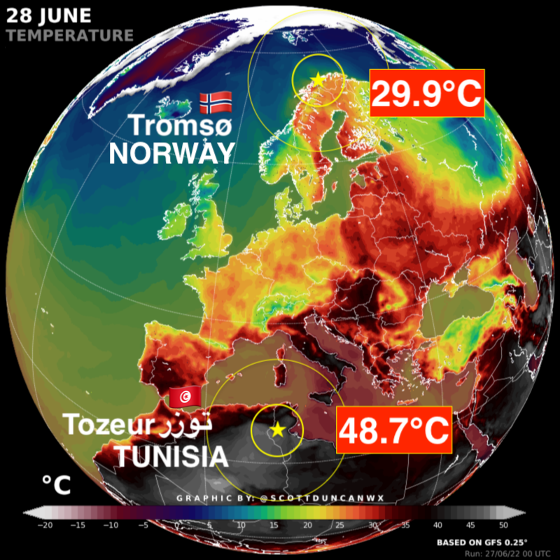 From Tunisia to Tromsø... Another day of record breaking heat.

Tunisia 🇹🇳 national June record (set last year!) has been equaled today with a piping hot 48.7°C (119.7°F)

Arctic city Tromsø in Norway 🇳🇴 set a new June heat record today with 29.9°C (85.8°F).