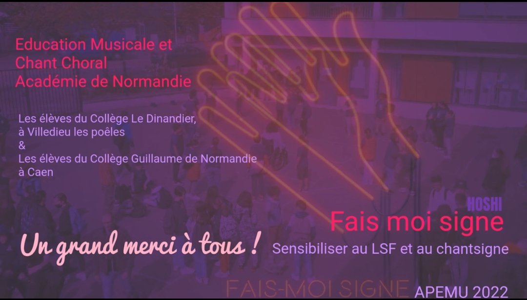 #faismoisigne 🎶👏💞Un grand bravo👏👏👏 aux élèves👥qui ont réalisé ce clip🤳pour sensibiliser à la #culture #lsf et #chantsigne #EMCCenNormandie <a href="/EmccCaen/">EMCC Académie de Normandie</a> #edmus pod.ac-normandie.fr/video/37819-fa…