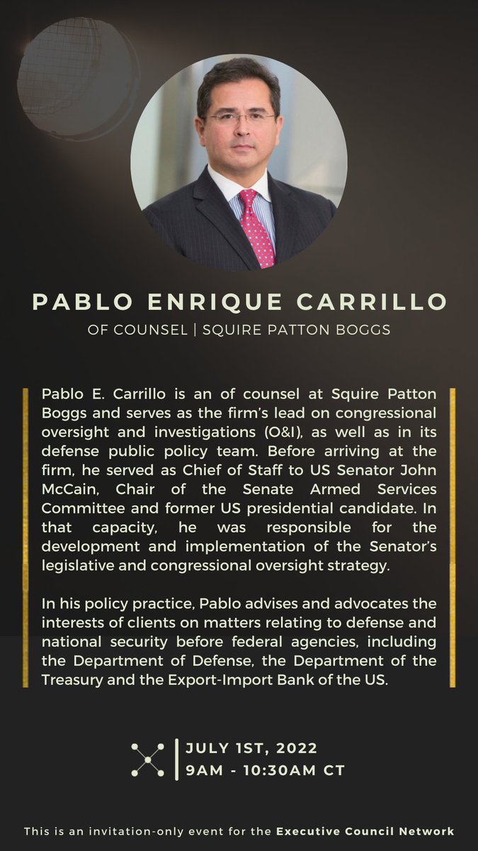 ECNSpotlight's tweet photo. We are thrilled to present Pablo Enrique Carrillo, Of Counsel at @SPB_Global, as a featured speaker for ECN’s upcoming Spotlight Event: Geopolitical Landscape

This exclusive event is for #ECN members only. DM to request an invitation. #Geopolitics https://t.co/ZRSBLxn4ME