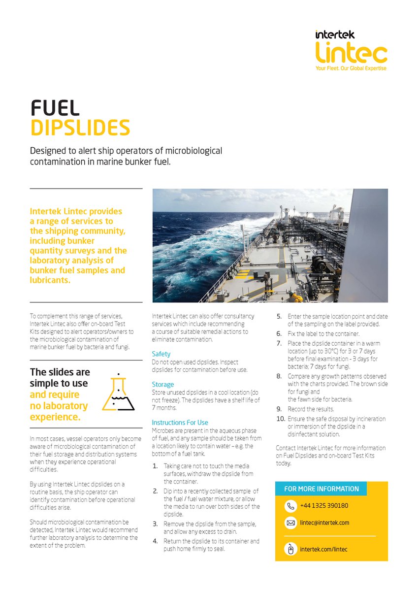 IntertekLintec's tweet photo. Become aware of microbiological contamination of your fuel storage and distribution systems before you experience operational difficulties with our Fuel Diplslides and on-board Test Kits designed for early detection. #fuel #marine #vesselmanagement https://t.co/xyO3qvlboE