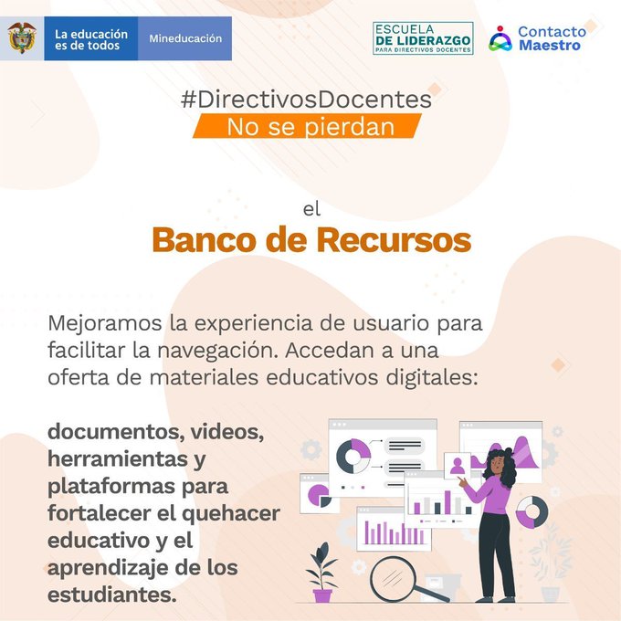 PTA_Colombia's tweet photo. #DirectivosDocentes  | Los invitamos a consultar en el 'Banco de Recursos' la oferta de materiales educativos digitales para fortalecer el quehacer educativo y el aprendizaje de los estudiantes. ➡️ https://t.co/P7e97u3n2g

#EscuelaDeLiderazgo
#TodosSomosEscuela https://t.co/4UMH0JV0AM