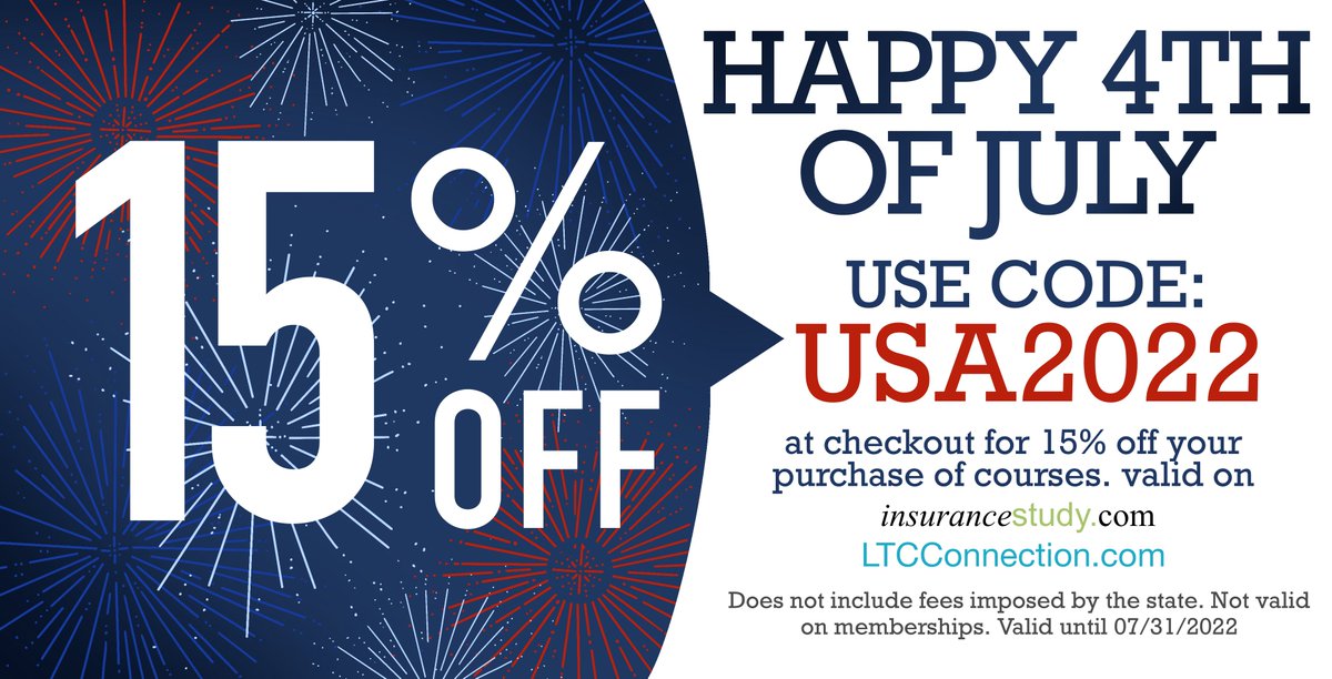 NetStudyCE's tweet image. Celebrate the 4th with our continuing education courses and take 15% off now through the end of July! 

#CE #continuingeducation #insurancestudy #ltc #ltcconnection #FourthofJuly