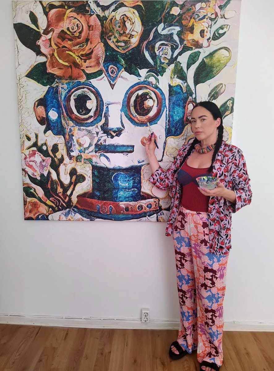 KarelianAI's tweet photo. @kocienda We made this 60 x 60 inches (150x150cm) Luonnotar painting for a recent exhibition inspired by #dalle image - happy to have a chat if you want to have something special created from your images. #KarelianAIart https://t.co/aawtB2YxyD