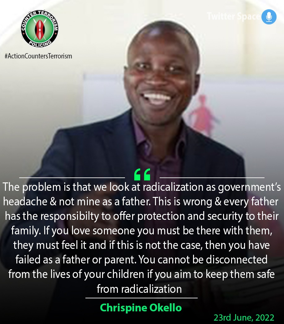 CTP_Kenya's tweet photo. The fight against terrorism is too important to be left to government alone.
As gatekeepers of family unit, parents have role to prevent radicalization among their children.
#ActionCountersTerrorism 
@ChildSpace1 @MenEngageKenya 
@CSMechanism @NCTC_Kenya https://t.co/FTNFOM5CH6