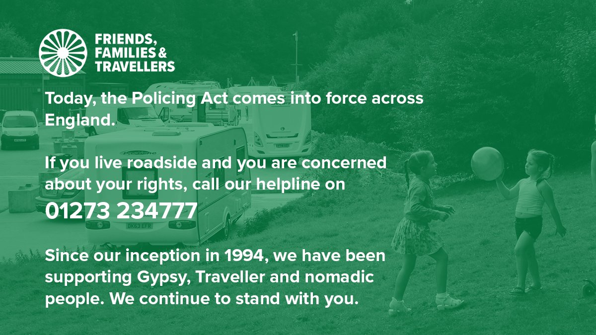 We know that a lot of people are worried about the new laws in the #PolicingAct.

If you are a Gypsy, Traveller or nomadic person living roadside and you are in need of support, call our helpline on 01273 234777.

Read about your rights here: gypsy-traveller.org/campaign/know-…