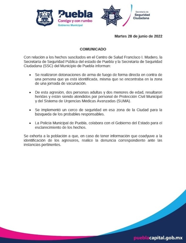 Reforma's tweet photo. La Policía Municipal de #Puebla colabora con el Gobierno del Estado para esclarecer el motivo de la #balacera en un Centro de Salud de la Colonia Francisco I. Madero. https://t.co/t5Icc7l5n3