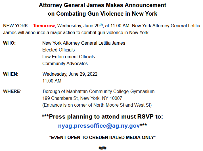 gunpolicy's tweet photo. The New York Attorney General is having a press conference tomorrow to "announce a major action to combat gun violence in New York." https://t.co/CrLww7NObo
