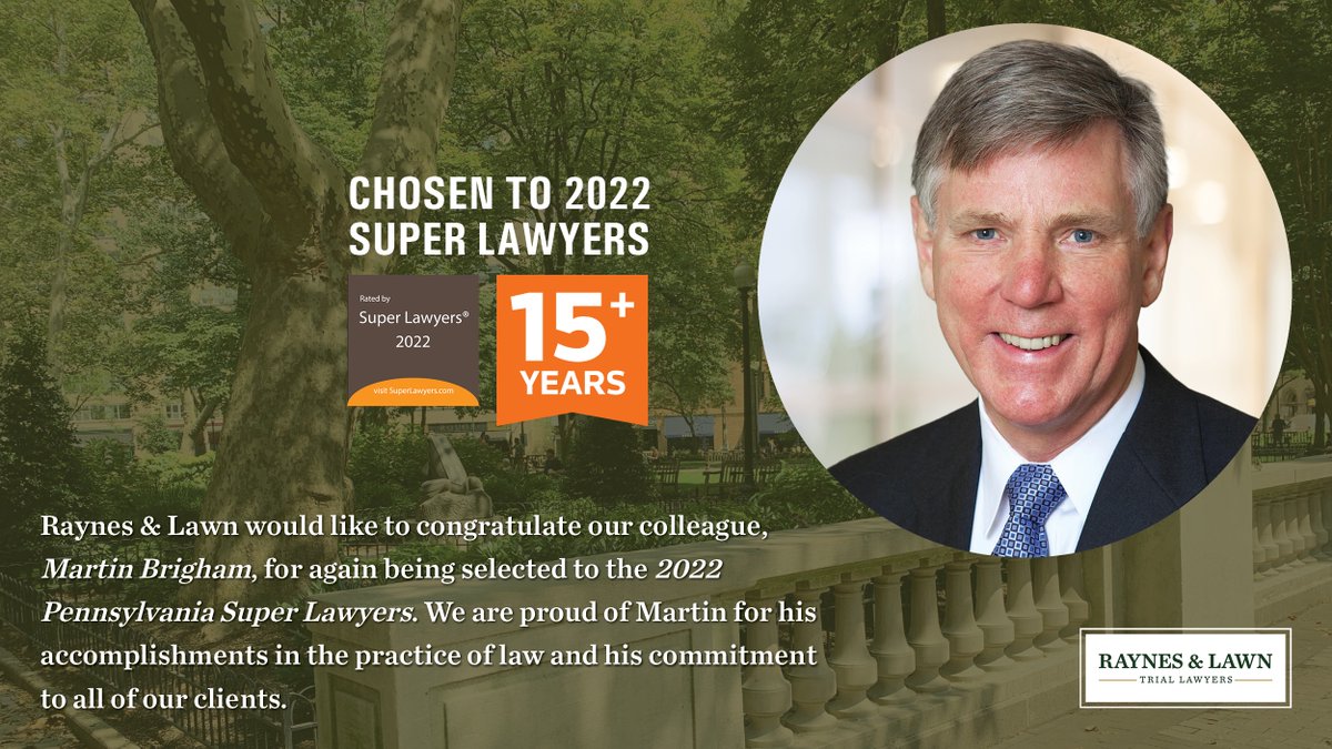 Congratulations to Marty Brigham who was once again recognized by his peers and named to Pennsylvania Super Lawyers list. Learn more about Marty: rayneslaw.com/attorney/marti…  #SuperLawyers #InjuryAttorney #TrialAttorney #Philadelphia