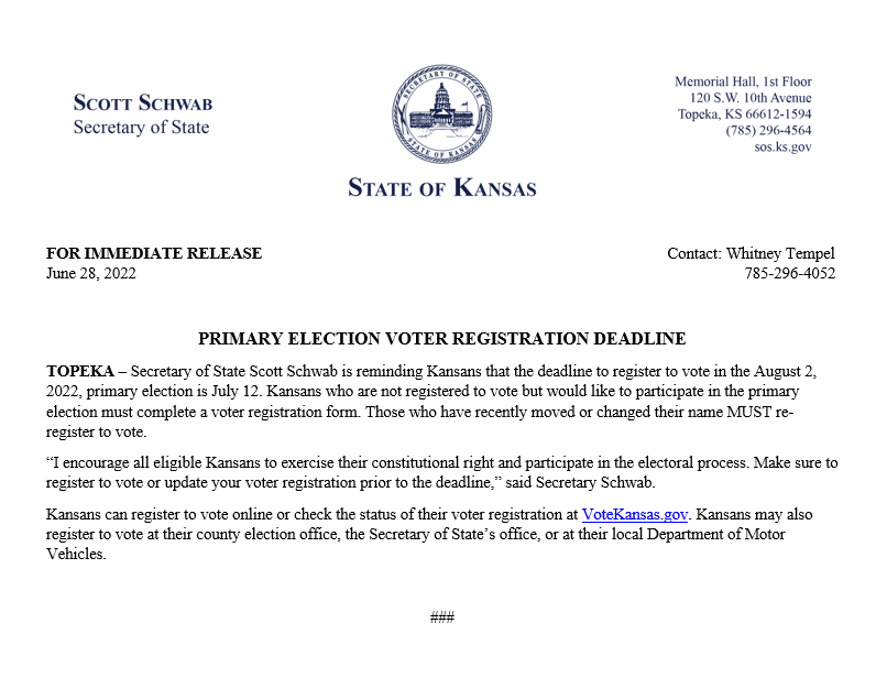 RELEASE: Primary Election Voter Registration Deadline #ksleg