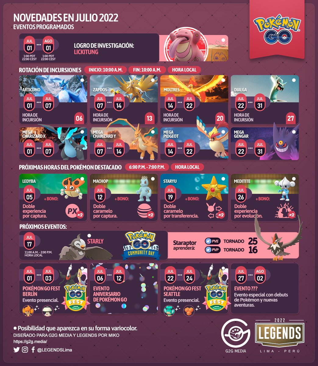 LEGENDSLima's tweet photo. 🇪🇸
Novedades en el mes de julio 2022 en #PokémonGO.

#PokemonGO #PokémonGOApp #G2G #Lickitung https://t.co/YRtVRN6HWl