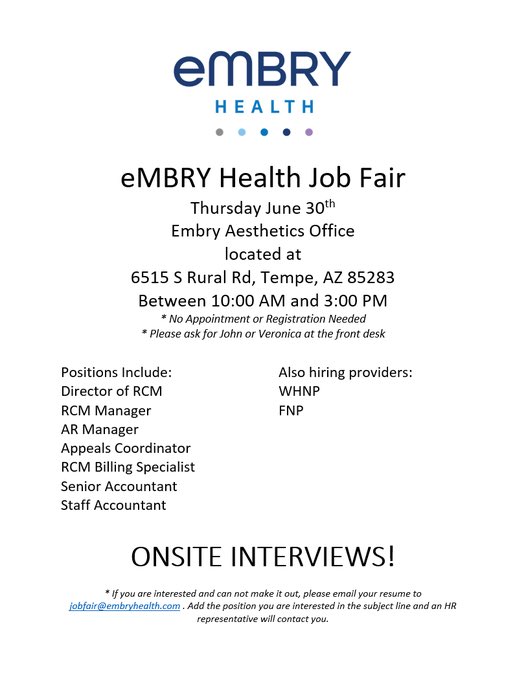 EmbryAesthetics's tweet photo. We are hosting the #EmbryHealth #JobFair this Thursday, June 30th, from 10am-3pm! No appointment or registration required. Are you ready to start your new #career in #healthcare 🤩 We’ll see you there! 

#nowhiring #hiring #health #medical https://t.co/mP4ZERwYmB