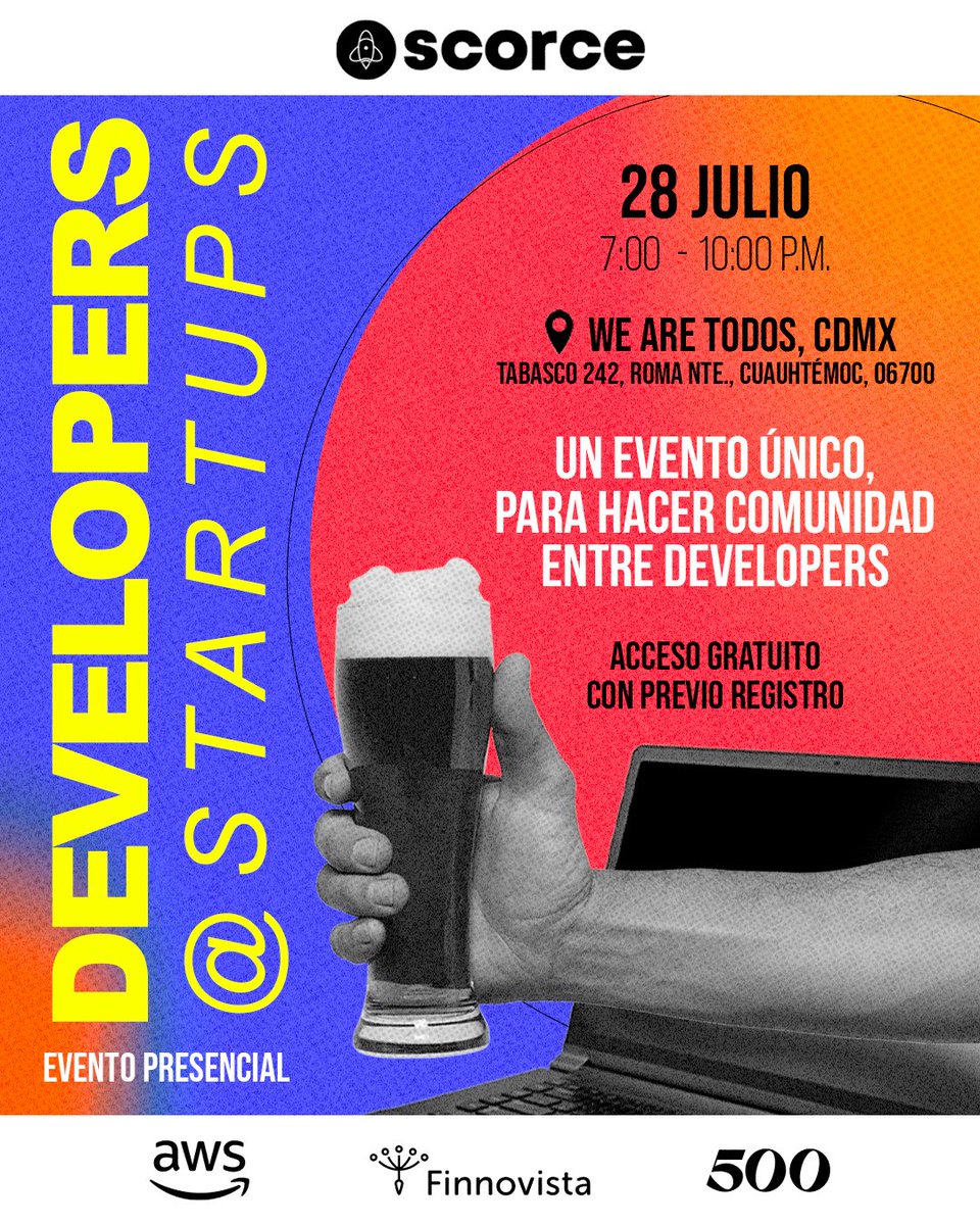scorceio's tweet photo. Invitamos a todos esos #devs que están detrás del ecosistema emprendedor en México a nuestro primer #Meetup. Vengan, tómense una chela y platiquemos de todo y nada a la vez.
El evento no tiene costo, solo tienen que registrarse en el link de abajo👇
https://t.co/6Prntf7DIf https://t.co/rVkze31MSD